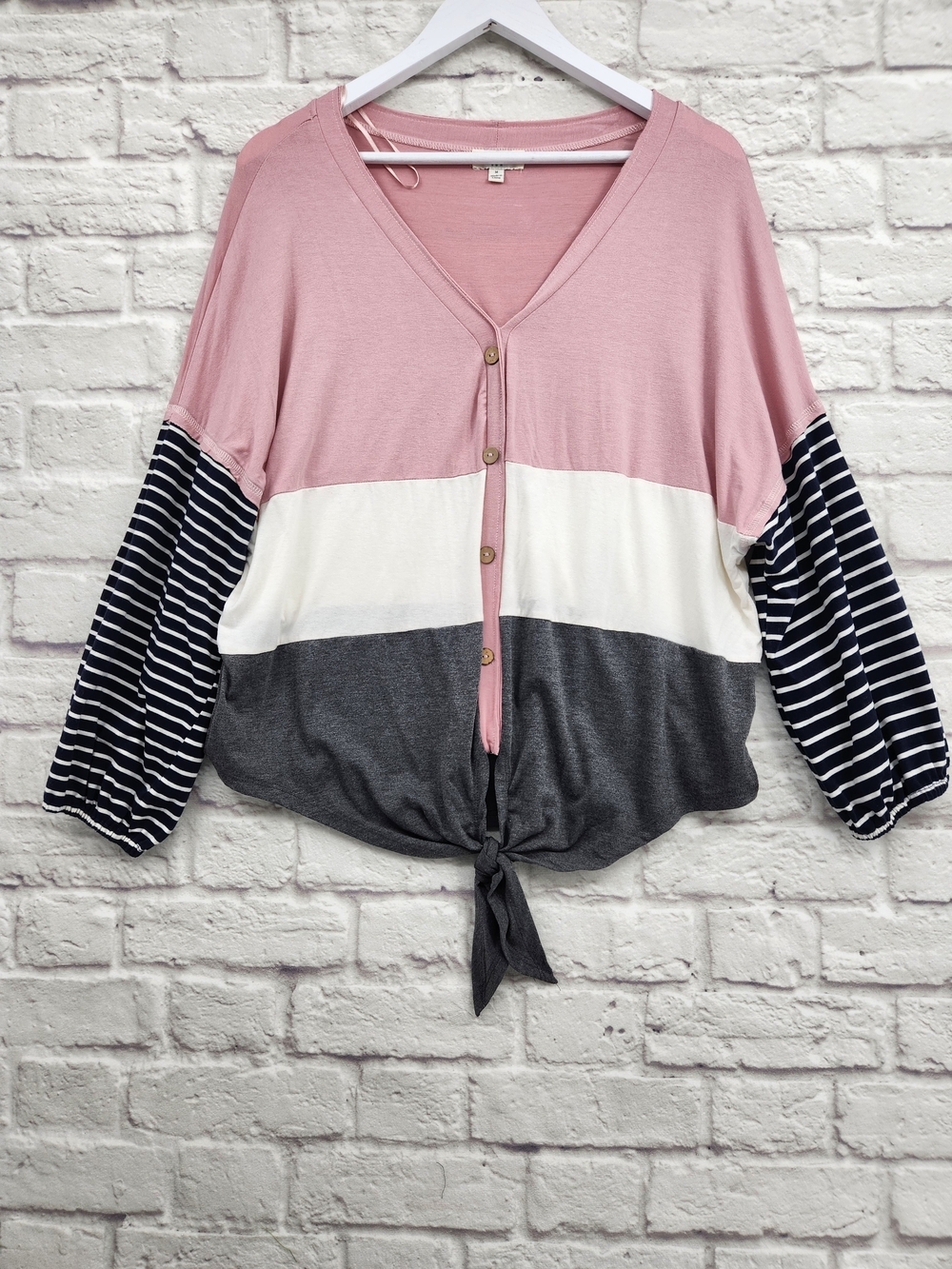 Umgee Color Block Tie Front Top Medium Pink Gray Navy Striped Boho Casual Top